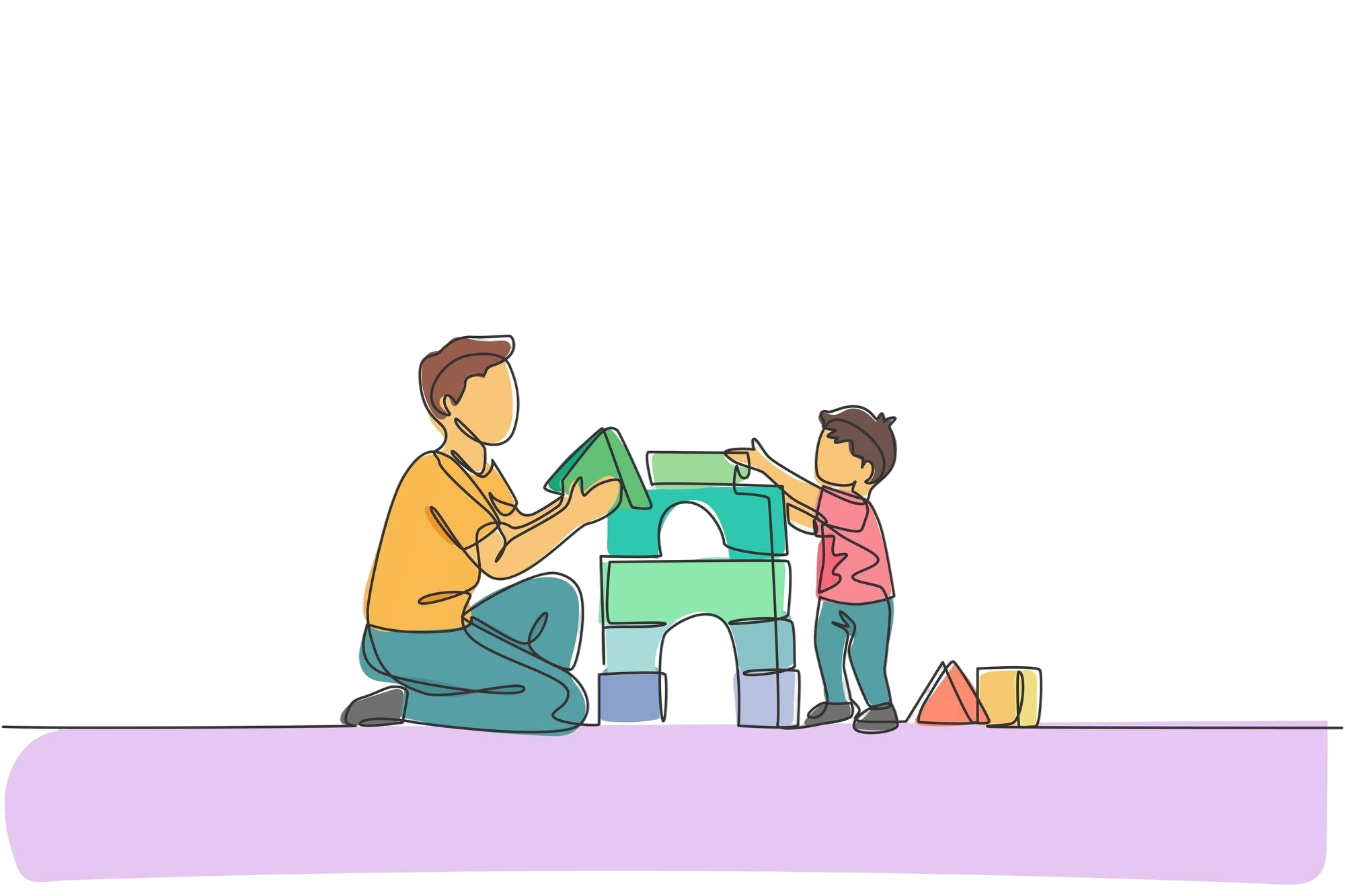 one-continuous-line-drawing-young-dad-playing-with-son-building-house-from-foam-puzzle-block-toy